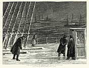 British Royal Navy sailors on deck of HMS Sultan during a snow storm of Be?ik Bay, ?anakkale at the mouth of the Hellespont, Turkey, 1870s, 19th Century