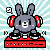 可爱的角色设计,一只兔子戴着耳机,在唱盘上演奏 可爱的角色设计,一只兔子戴着耳机,在唱盘上演奏