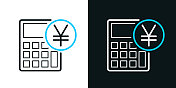 日元符号计算器。黑色或白色背景上的双色线条图标-可编辑笔触