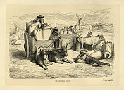 拉曼查的陶罐，满载双耳罐的牛车，西班牙，西班牙19世纪的历史，古斯塔夫・多雷的复古插图