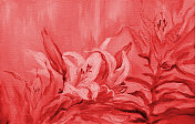 插画艺术作品油画山水画中盛开着白色的红色百合花