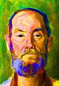 插图油画肖像的老人与胡子在绿色的背景