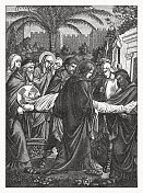 耶稣的埋葬(马太福音27,57 -61)，木版画，1898年出版