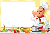 厨房里的厨师在招牌前展示食物