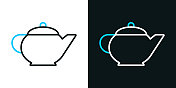 茶壶。黑色或白色背景上的双色线条图标-可编辑笔触