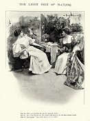 两个女人在谈论她们的朋友，维多利亚时代的卡通，19世纪90年代