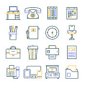 办公室和工作空间线条图标可编辑笔触。采购产品书桌，电话，办公用品，笔记本电脑，文件夹，打印机