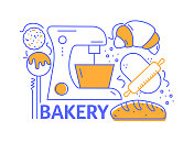 面包店和产品概念。准备阶段和精美的产品。面团机、糖果、面包是你在面包店里想要的一切。手绘简洁时尚的设计。烤箱，面粉，面包头，厨师，搅拌机，蛋糕
