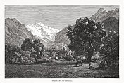 瑞士因特拉肯附近的少女峰，木版雕刻，1877年出版