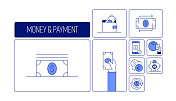 金钱和支付相关的矢量横幅设计概念，现代线条风格与图标