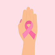 乳腺癌意识概念。高角度的女人手拿粉红丝带