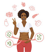 非裔美国女性拥有平衡的肠道菌群并做出和平姿态的快乐女性。