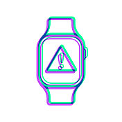 带有危险警告注意的智能手表。图标与两种颜色叠加在白色背景上 带有危险警告注意的智能手表。图标与两种颜色叠加在白色背景上
