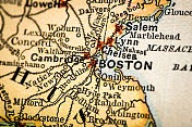 古董地图集地图宏观特写:波士顿，马萨诸塞州