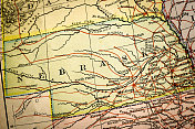 古董地图集地图宏观特写:内布拉斯加州