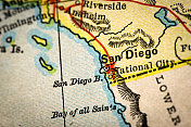 古董地图集地图宏观特写:圣地亚哥，加利福尼亚