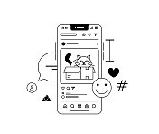 社交媒体互动矢量插画概念。手机和它周围的表情符号，语音气泡和标签。一只可爱的猫在盒子里。