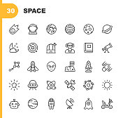 空格线图标。可编辑的中风。像素完美。移动和Web。包含这样的图标，彗星，小行星，宇航员，太空服，行星地球，宇宙，恒星，望远镜，星系，宇宙飞船，旅行，登月，外星人，人工智能，火箭。