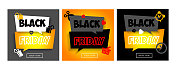 现代风格的季节性销售概念。“黑色星期五”。在带有图标的抽象彩色纸背景上带有折扣的文本。一组web模板的应用程序，网上商店，打印。