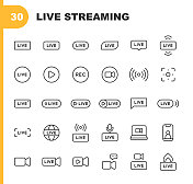 直播线图标。可编辑的中风。包含现场，网络流媒体，视频流媒体，广播，播客，电视，体育，设备屏幕，电影和电影，社交媒体，影响者，设备屏幕等图标。