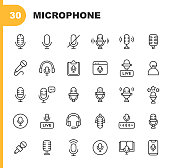 麦克风线路图标。可编辑的中风。包含音频，声音，音乐，语音，广播，播客，广播，直播，收听，唱歌，有声书，音频设备，DJ，播放音乐，卡拉ok等图标。