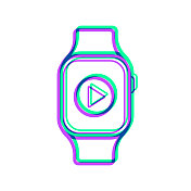 带有播放按钮的智能手表。图标与两种颜色叠加在白色背景上 带有播放按钮的智能手表。图标与两种颜色叠加在白色背景上