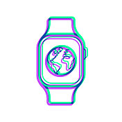 智能手表与地球。图标与两种颜色叠加在白色背景上