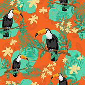 巨嘴鸟和热带树叶无缝图案