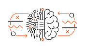 人工智能线图标设计。未来主义，物联网，机器学习，机器人，机械臂，软件。