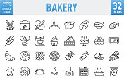 面包店-细线矢量图标集。像素完美。可编辑的中风。移动和Web。该集包含图标:面包店，饼干，烘焙，面包，蛋糕，食品，食品和饮料，纸杯蛋糕，面团，甜甜圈，烹饪，烘焙糕点项目，甜食，甜派