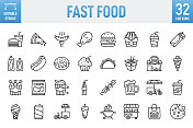 快餐-细线矢量图标集。像素完美。可编辑的中风。移动和Web。这套图标包括:快餐、快餐店、披萨、汉堡、汉堡、芝士汉堡、餐厅、三明治、薯片、炸薯条、食品、食品和油炸食品
