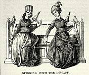 中世纪妇女用纺纱时使用的纺纱工具纺纱