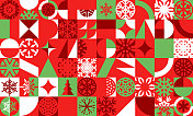 无缝红、绿、白三色圣诞图案壁纸设计