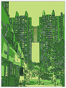 线条绘制霓虹灯超时空卡通场景，现代城市建筑