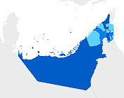 高详细的阿拉伯联合酋长国蓝色地图地区和卡塔尔，阿曼，沙特阿拉伯，巴林，伊朗的国家边界