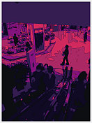 勾勒风格霓虹色彩的超时空卡通室内场景，百货商场室内空间