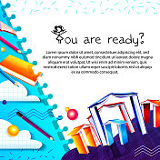 以卡通风格的学校教育理念。用课本、彩色铅笔和纸飞机抽象学校背景。创意时尚的模板与地方的文字。