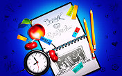 以卡通风格的学校教育理念。笔记本写意绘画和文具与闹钟在一个抽象的彩色背景。