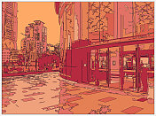 轮廓风格霓虹色彩超宇宙卡通户外场景，城市大型商场