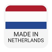 荷兰制造的徽章矢量。印有星星和国旗的贴纸。标志孤立在白色背景上。
