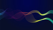 动态蓝色，红色，绿色粒子波线在深蓝色抽象背景。抽象声音可视化。发光粒子波流的数字结构。