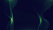深蓝色抽象背景上的动态绿色粒子波线。抽象声音可视化。发光粒子波流的数字结构。