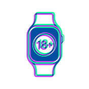 智能手表有18个加号(18+)。图标与两种颜色叠加在白色背景上