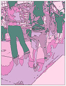 轮廓风格霓虹色彩的超宇宙卡通室内场景，购物商场