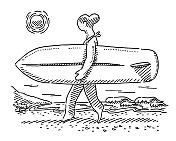 海滩上拿着冲浪板画画的女人