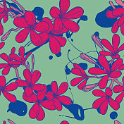 明亮有趣的60年代热带鸡蛋花无缝图案背景