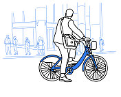 骑自行车上班的商人素描蓝色