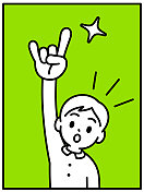 一个男孩举起右手，做出“You Rock!”的手势，看着观众，极简风格，黑白轮廓