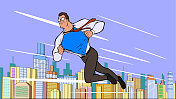 卡通矢量超级英雄在城市股票插图中运行时改变