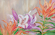 插画艺术油画山水百合花盛开